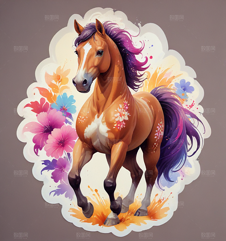 五花马卡通插画风格贴纸
