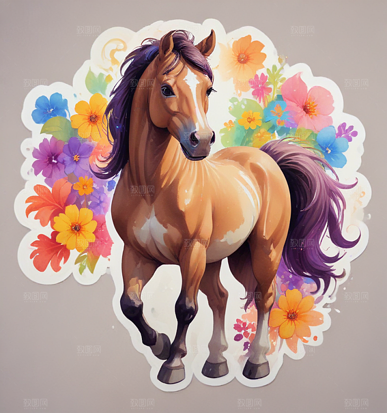 五花马卡通插画风格贴纸