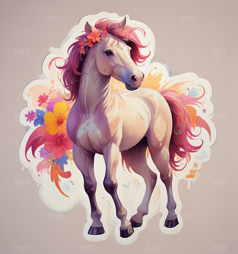 五花马卡通插画风格贴纸