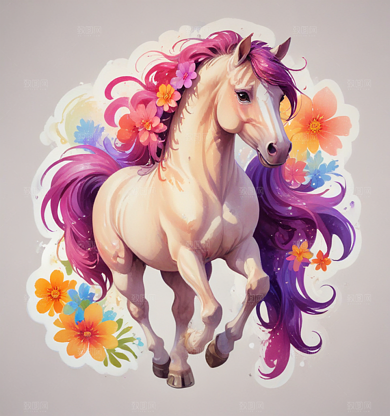 五花马卡通插画风格贴纸