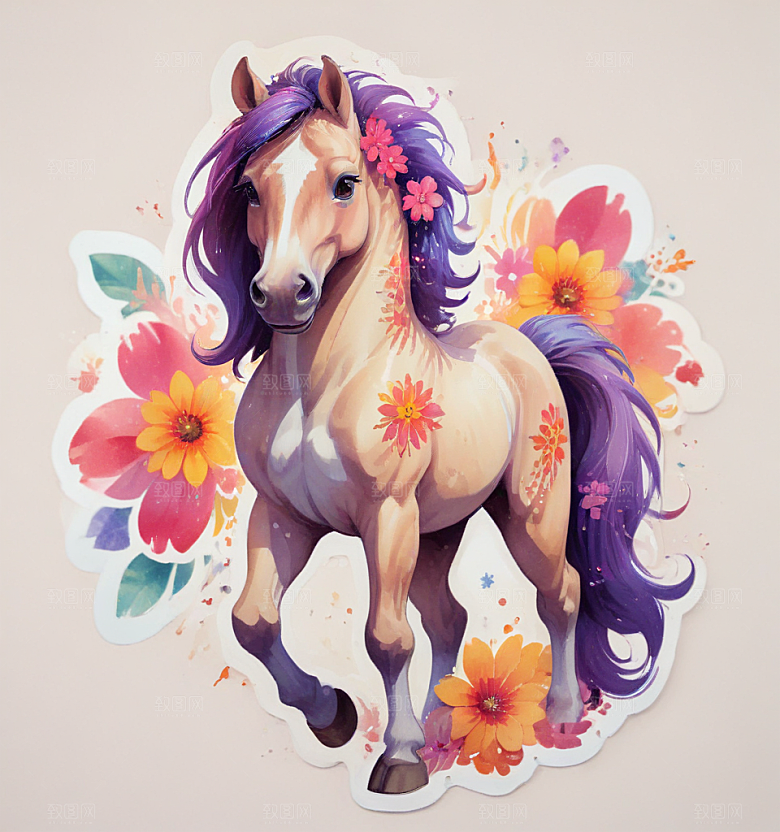 五花马卡通插画风格贴纸