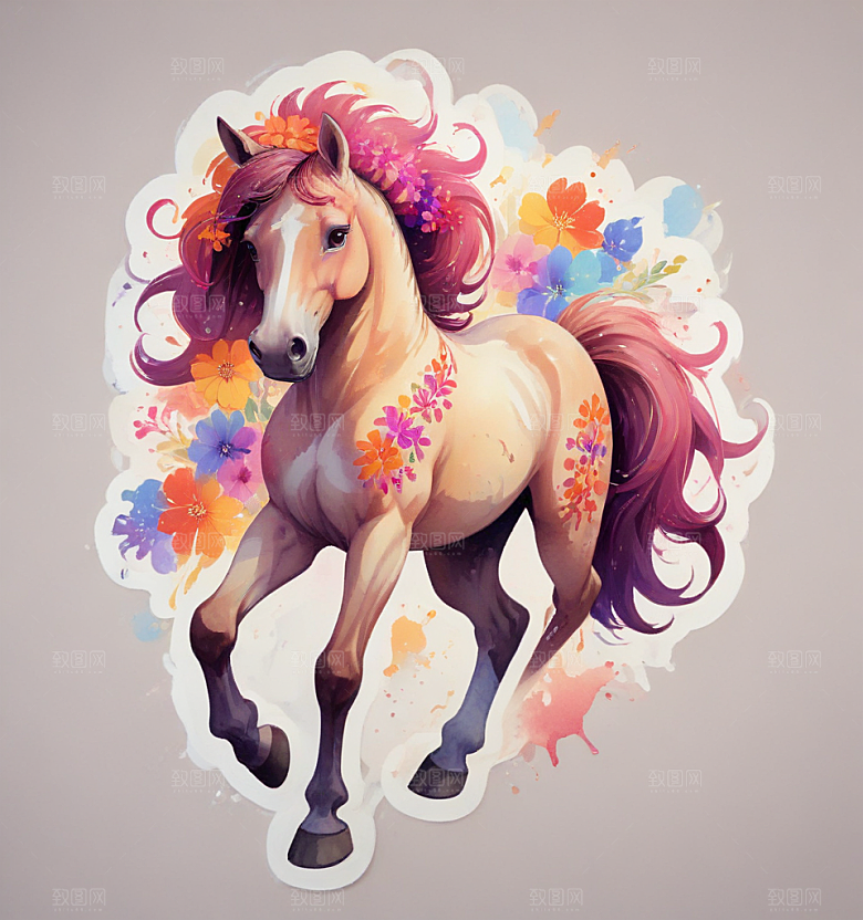 五花马卡通插画风格贴纸