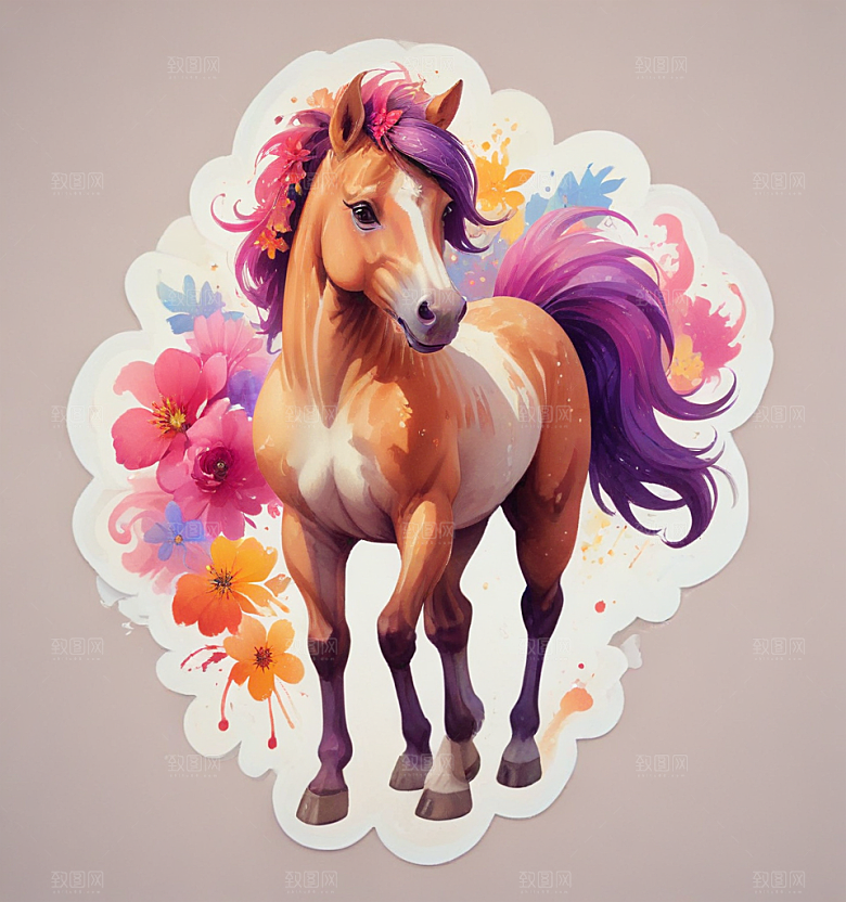 五花马卡通插画风格贴纸