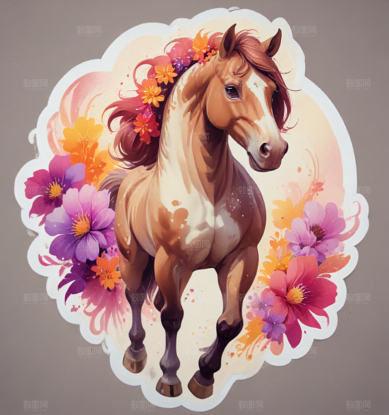 五花马卡通插画风格贴纸