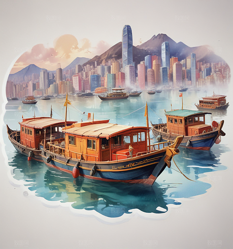 九龙船卡通插画风格贴纸