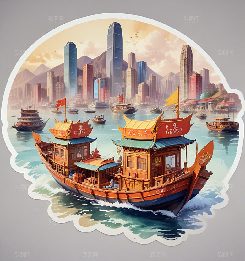 九龙船卡通插画风格贴纸
