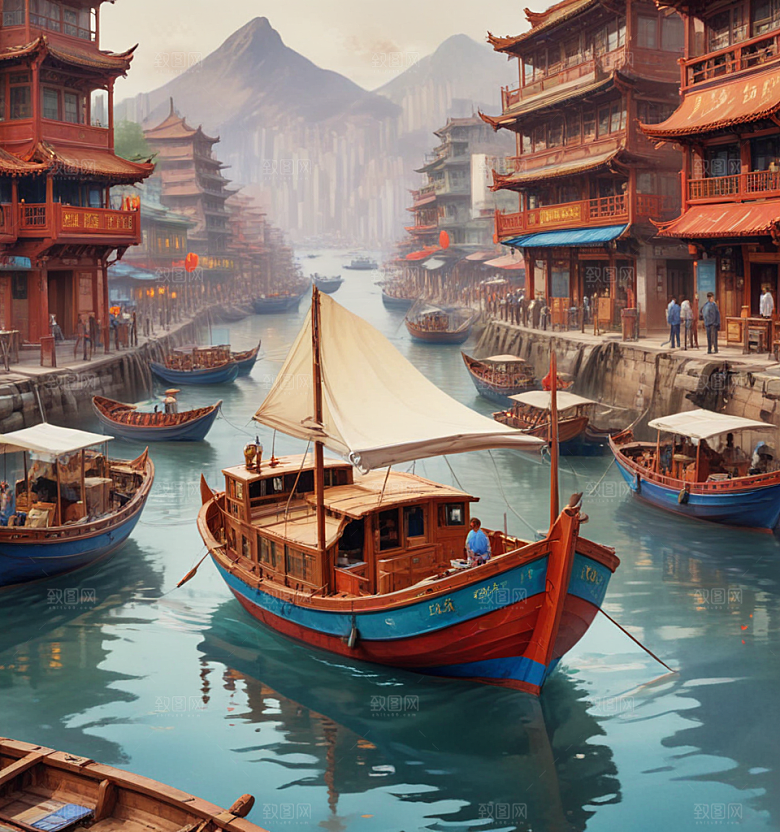 九龙船卡通插画风格贴纸