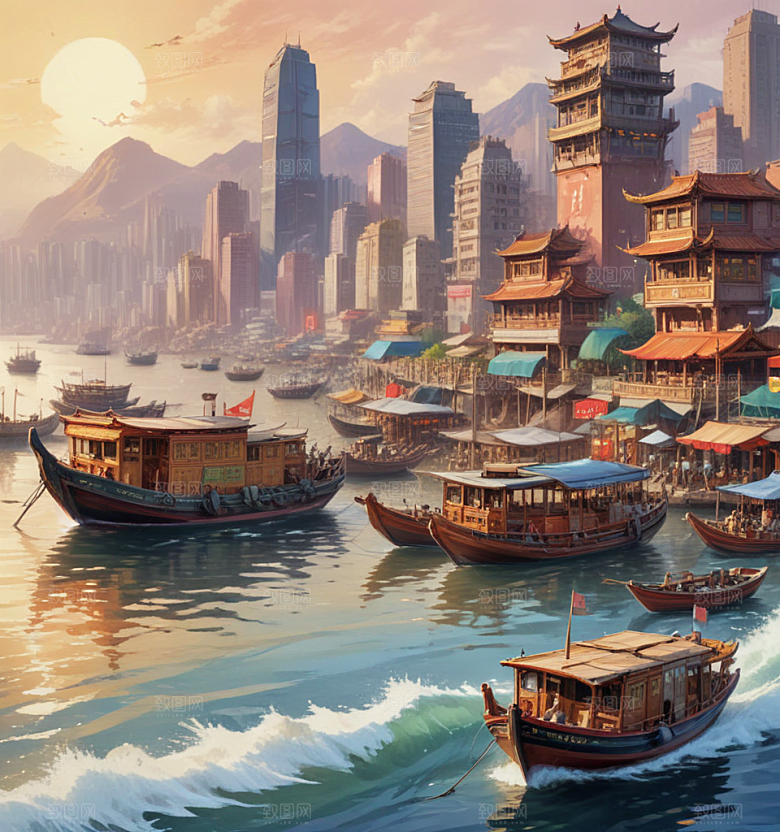 九龙船卡通插画风格贴纸