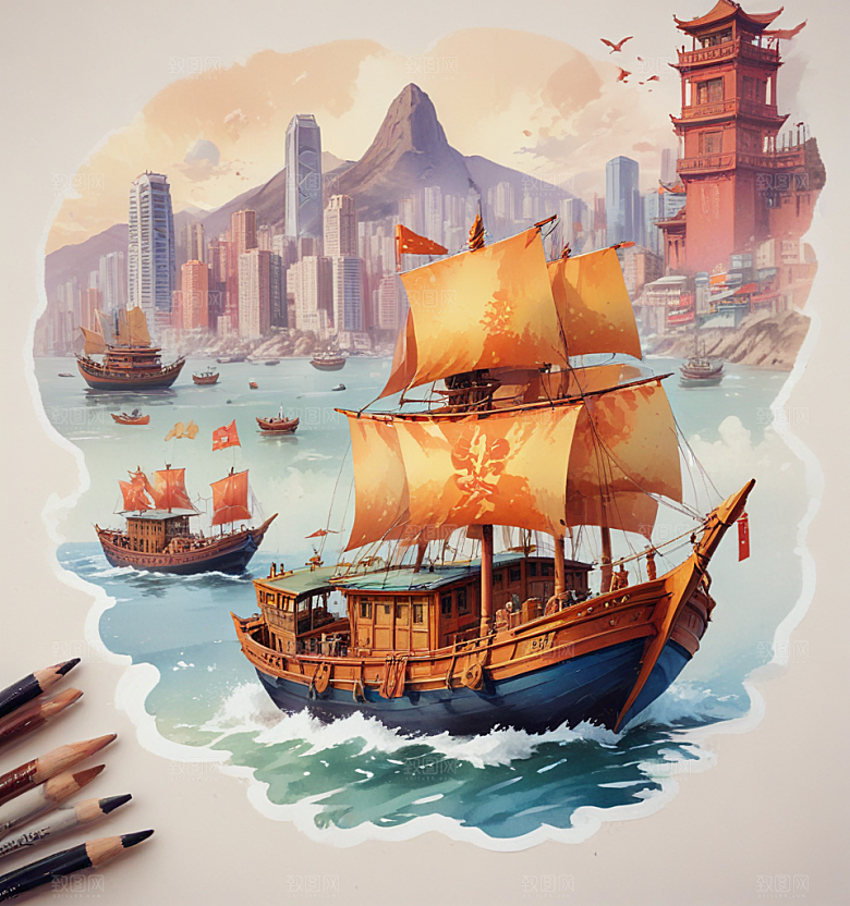 九龙船卡通插画风格贴纸