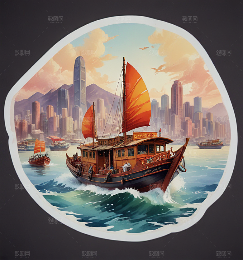 九龙船卡通插画风格贴纸