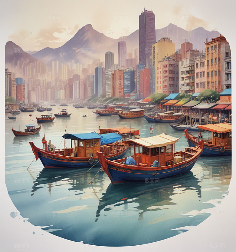 九龙船卡通插画风格贴纸