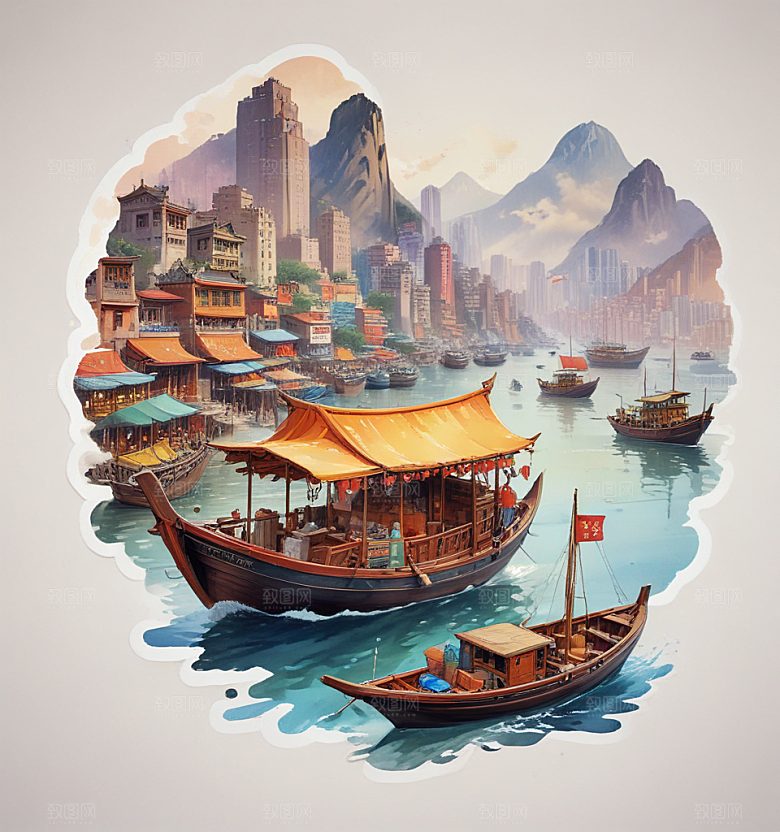 九龙船卡通插画风格贴纸