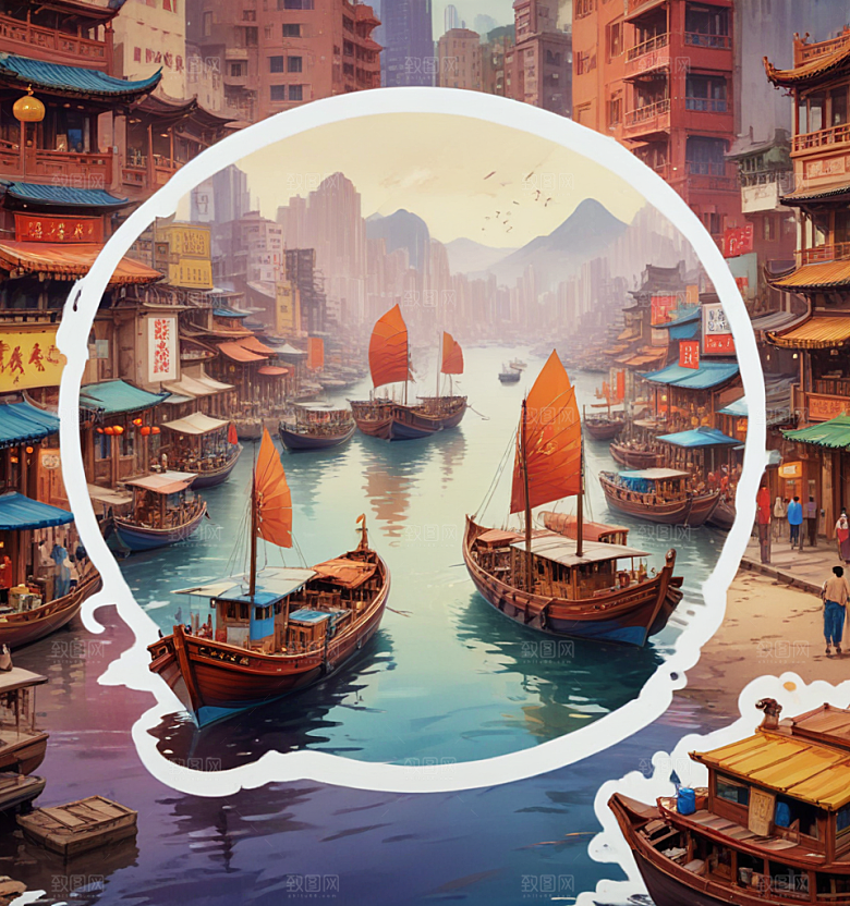 九龙船卡通插画风格贴纸