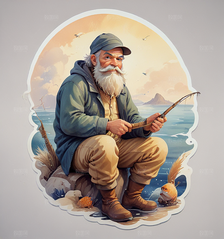 捞鱼人卡通插画风格贴纸