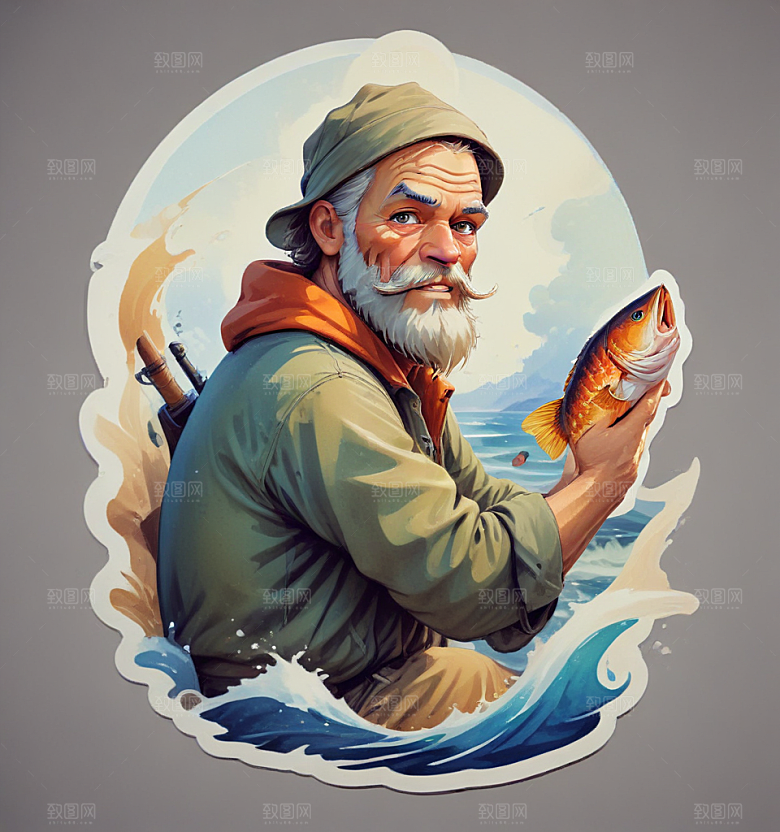 捞鱼人卡通插画风格贴纸