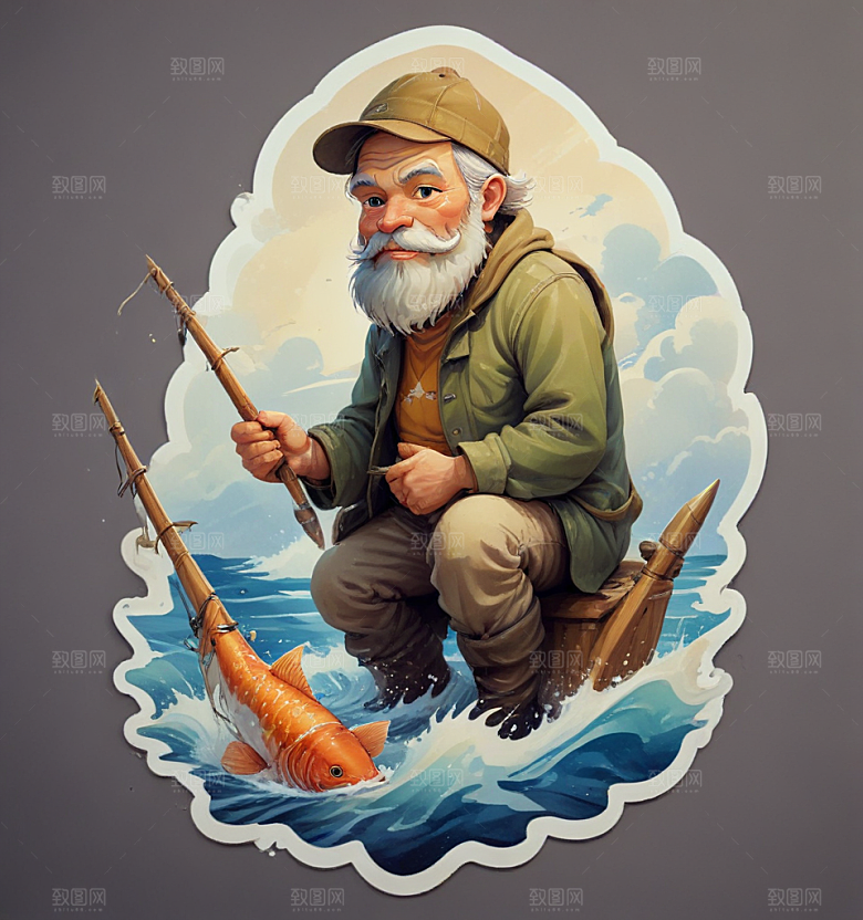 捞鱼人卡通插画风格贴纸