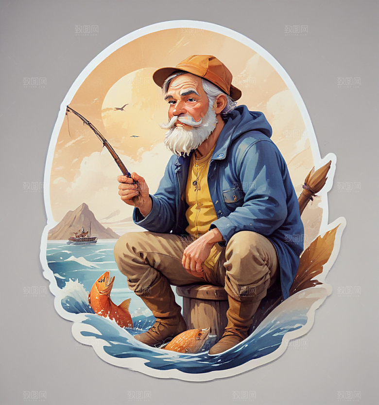 捞鱼人卡通插画风格贴纸