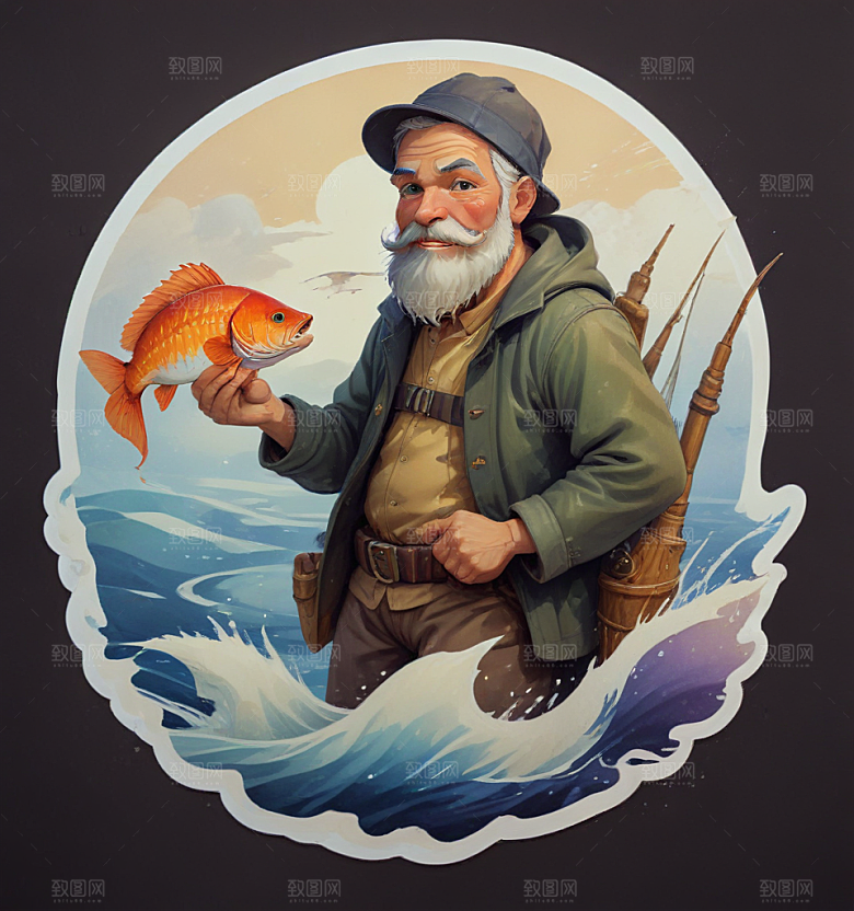 捞鱼人卡通插画风格贴纸