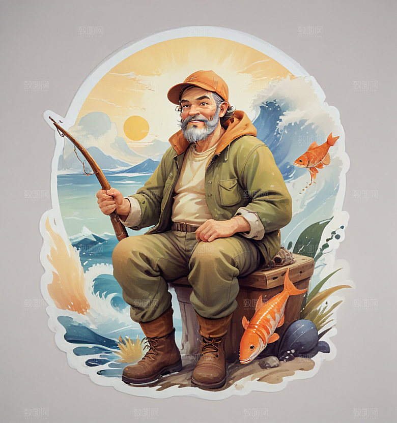 捞鱼人卡通插画风格贴纸
