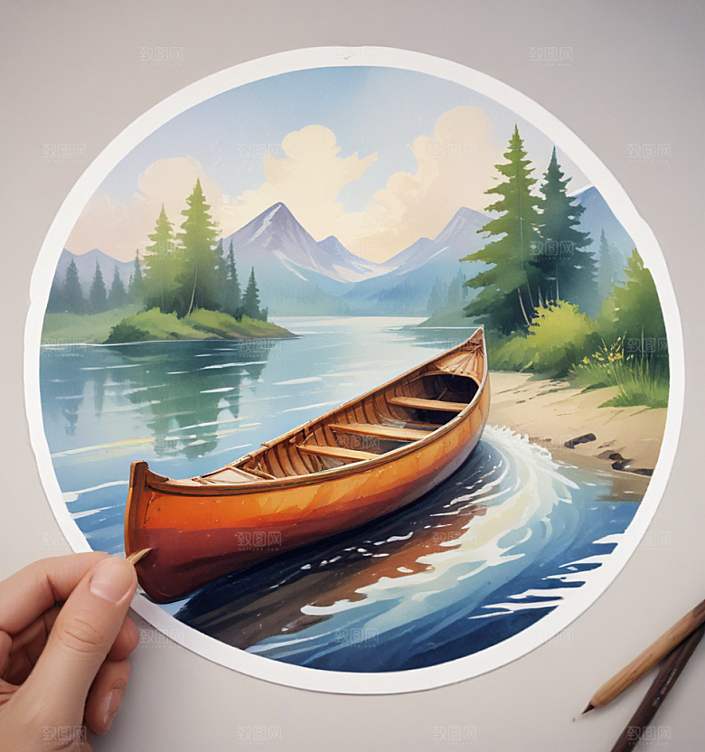 独木舟卡通插画风格贴纸