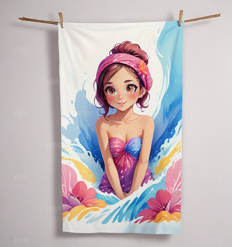 浴巾卡通插画风格贴纸