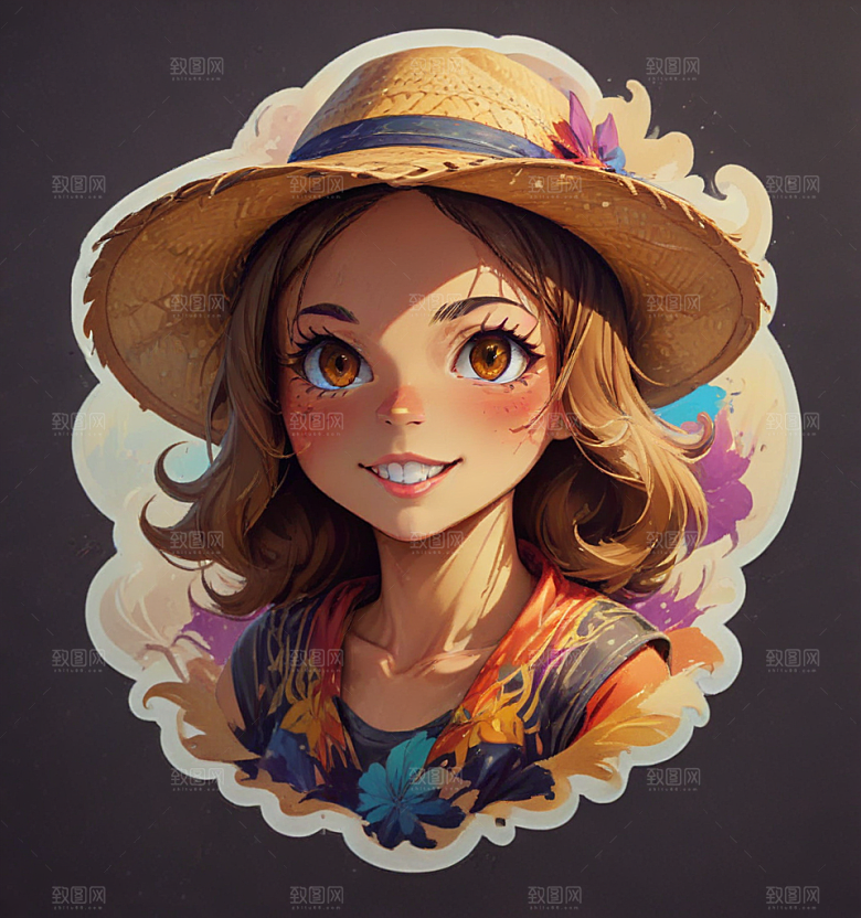 草帽卡通插画风格贴纸