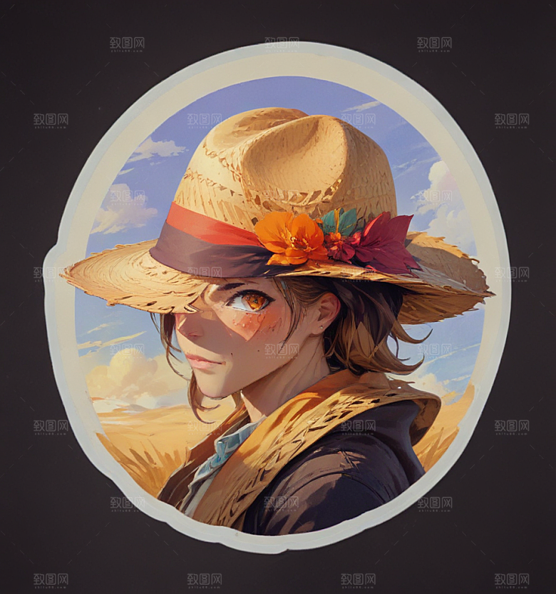 草帽卡通插画风格贴纸