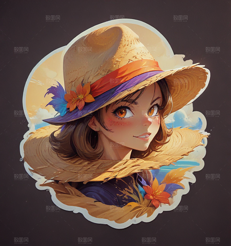 草帽卡通插画风格贴纸