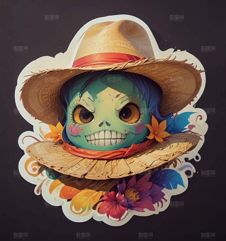 草帽卡通插画风格贴纸