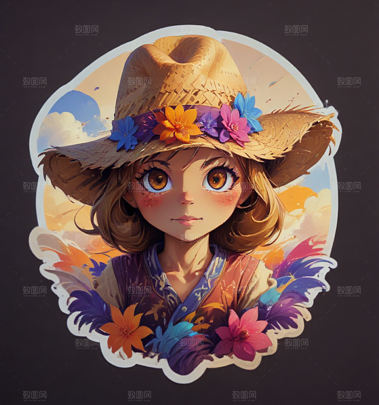 草帽卡通插画风格贴纸