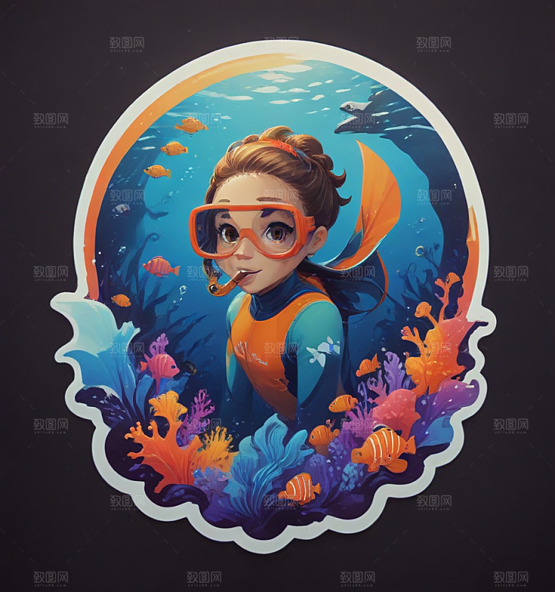 浮潜卡通插画风格贴纸