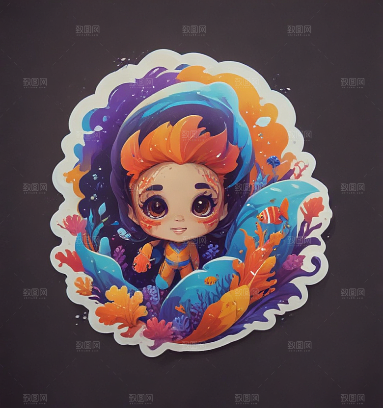 浮潜卡通插画风格贴纸