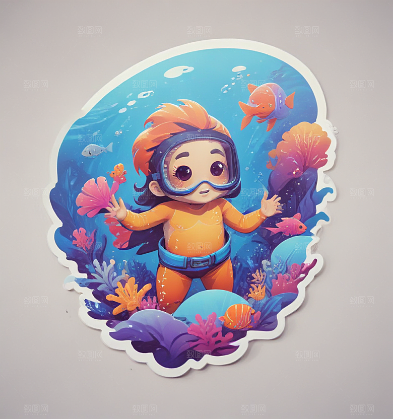 浮潜卡通插画风格贴纸