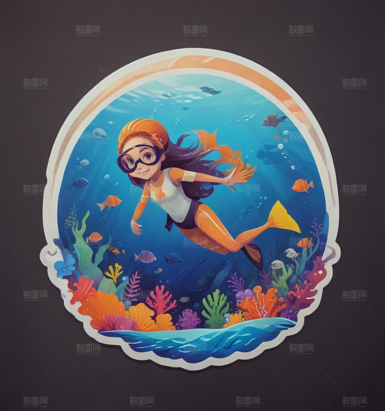 浮潜卡通插画风格贴纸