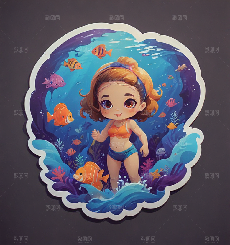 浮潜卡通插画风格贴纸