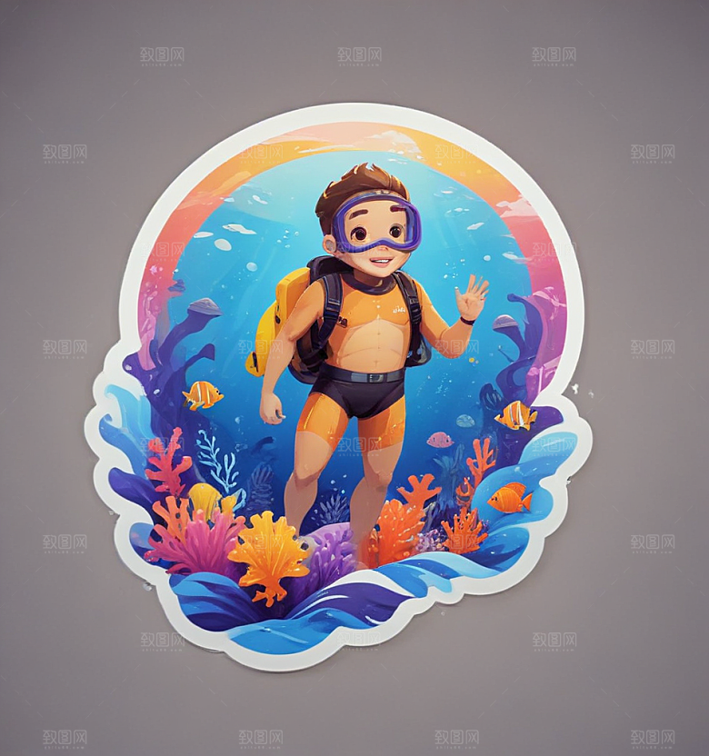 浮潜卡通插画风格贴纸