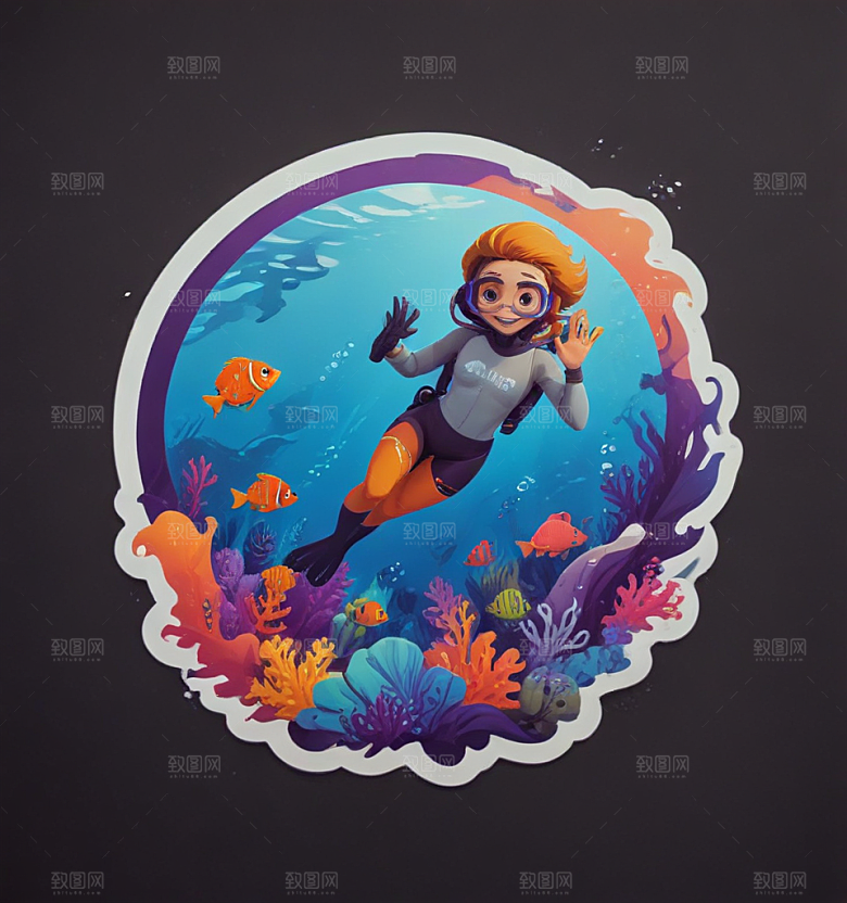 浮潜卡通插画风格贴纸
