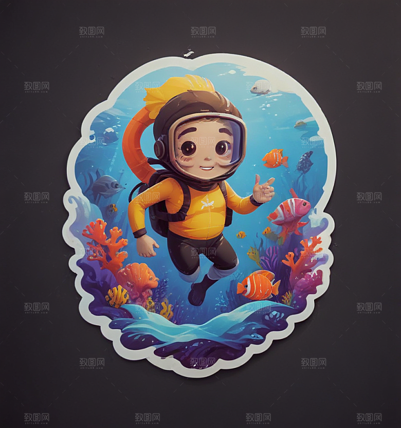 浮潜卡通插画风格贴纸