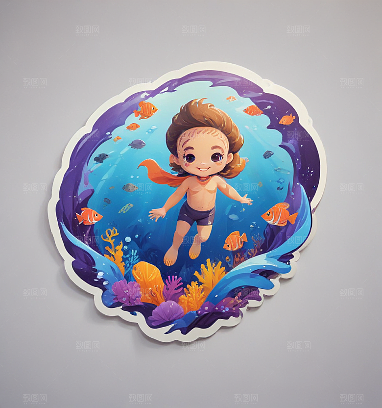 浮潜卡通插画风格贴纸