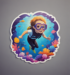 浮潜卡通插画风格贴纸