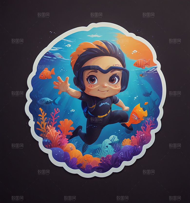 浮潜卡通插画风格贴纸