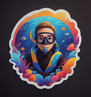 浮潜卡通插画风格贴纸