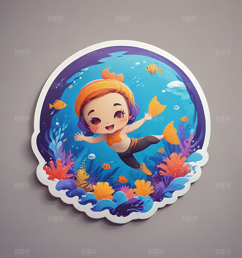 浮潜卡通插画风格贴纸