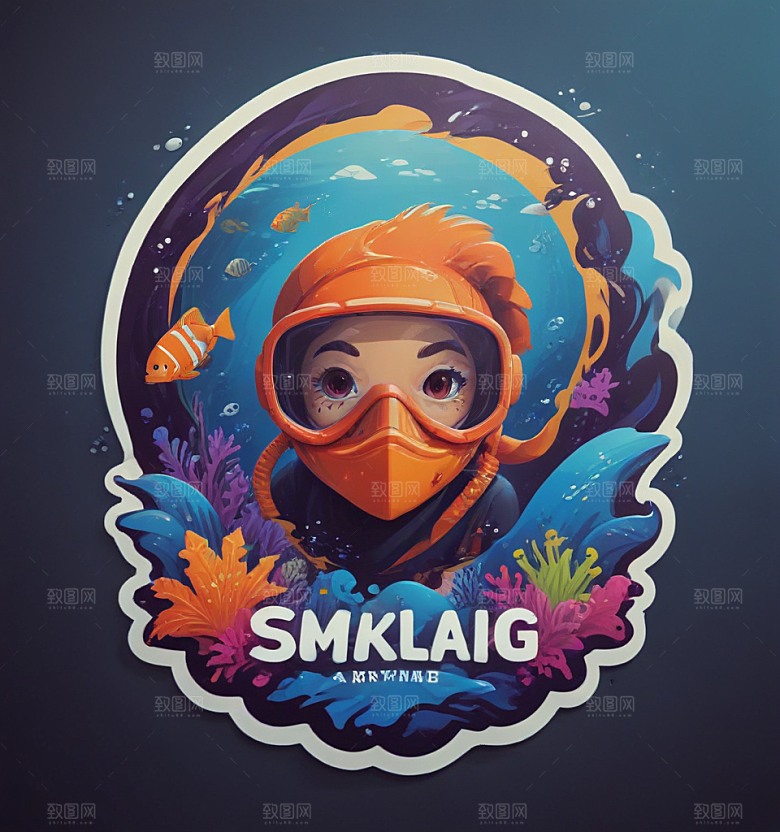 浮潜卡通插画风格贴纸