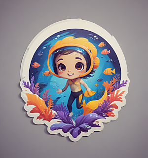 浮潜卡通插画风格贴纸