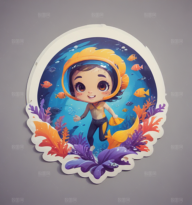 浮潜卡通插画风格贴纸