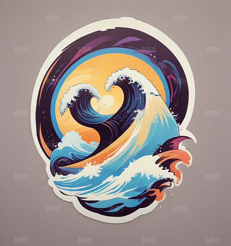 冲浪卡通插画风格贴纸