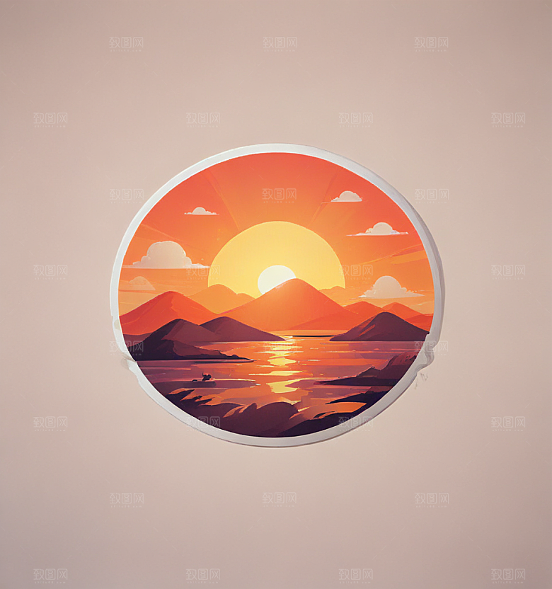 落日卡通插画风格贴纸