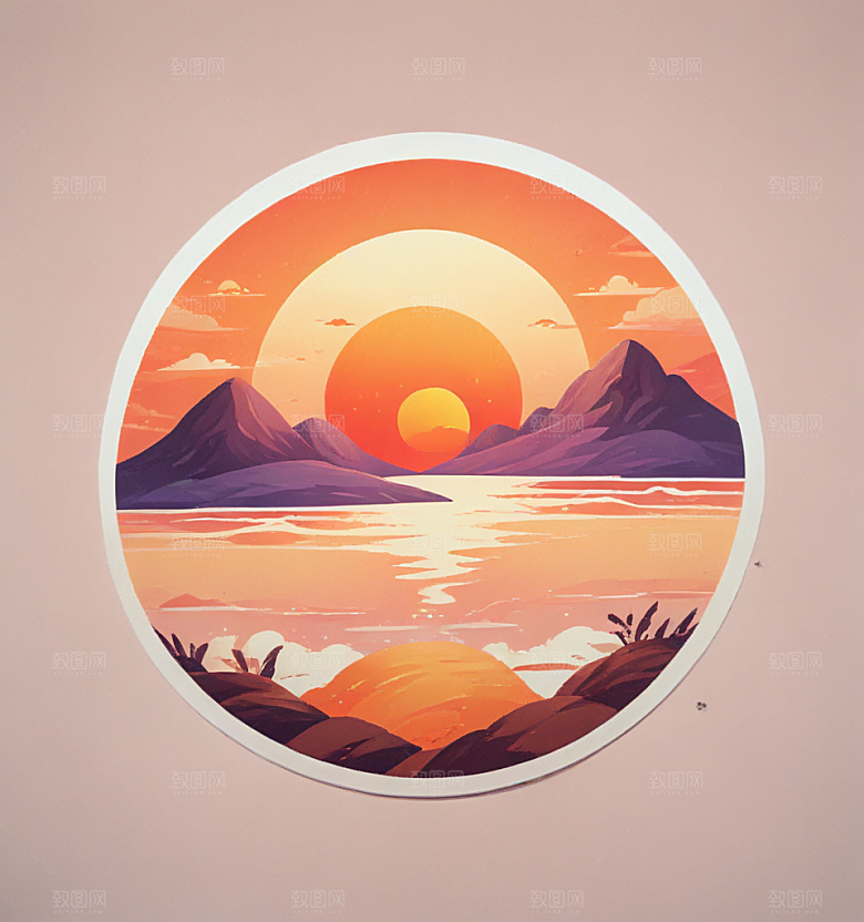 落日卡通插画风格贴纸