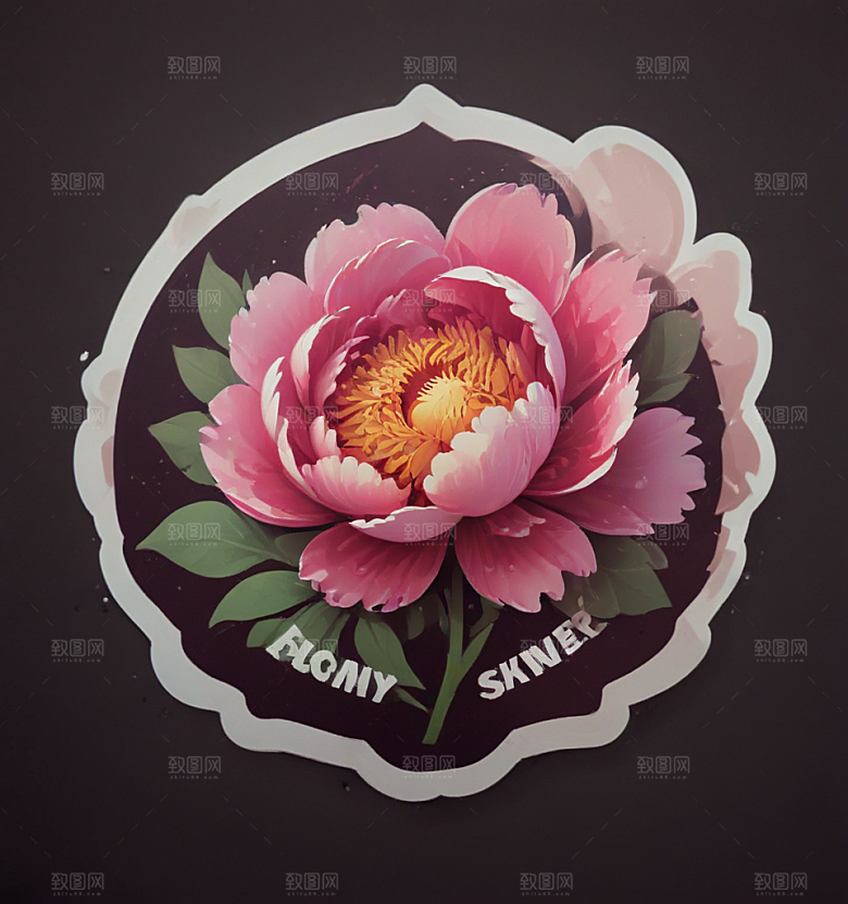 牡丹卡通插画风格贴纸